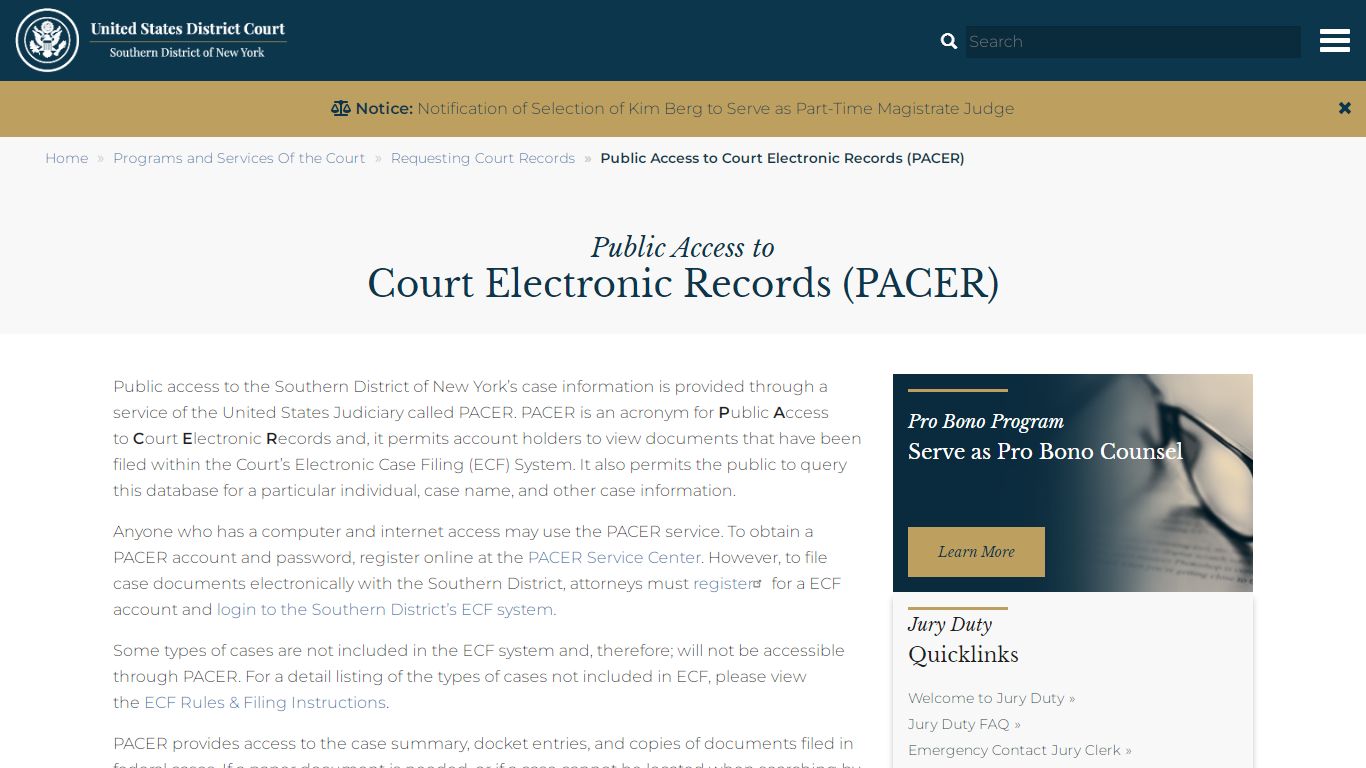 Public Access to Court Electronic Records (PACER) | U.S District Court